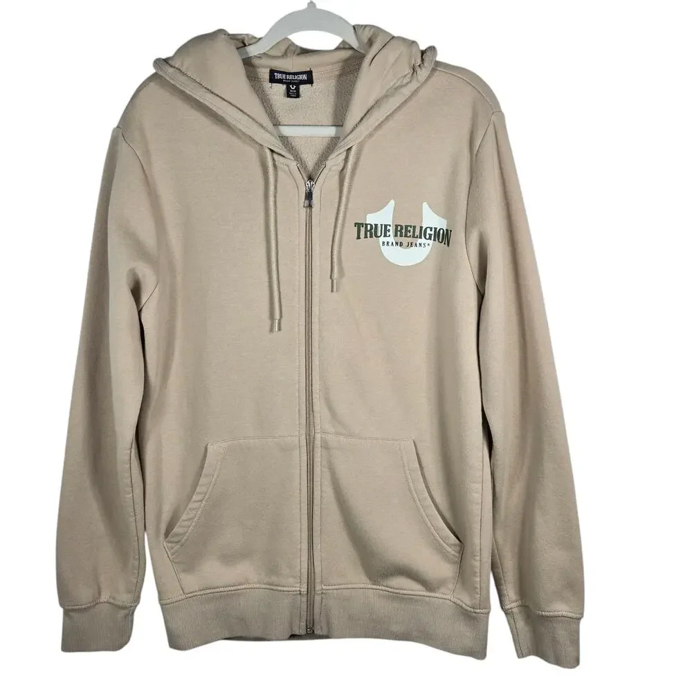 True Religion Brand Jeans Zip Hoodie Mens Medium Beige Graphic Logo Sweatshirt